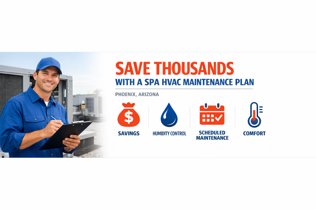 HVAC maintenance plan infographic for a Phoenix spa showing savings, humidity control, scheduled maintenance, and comfort