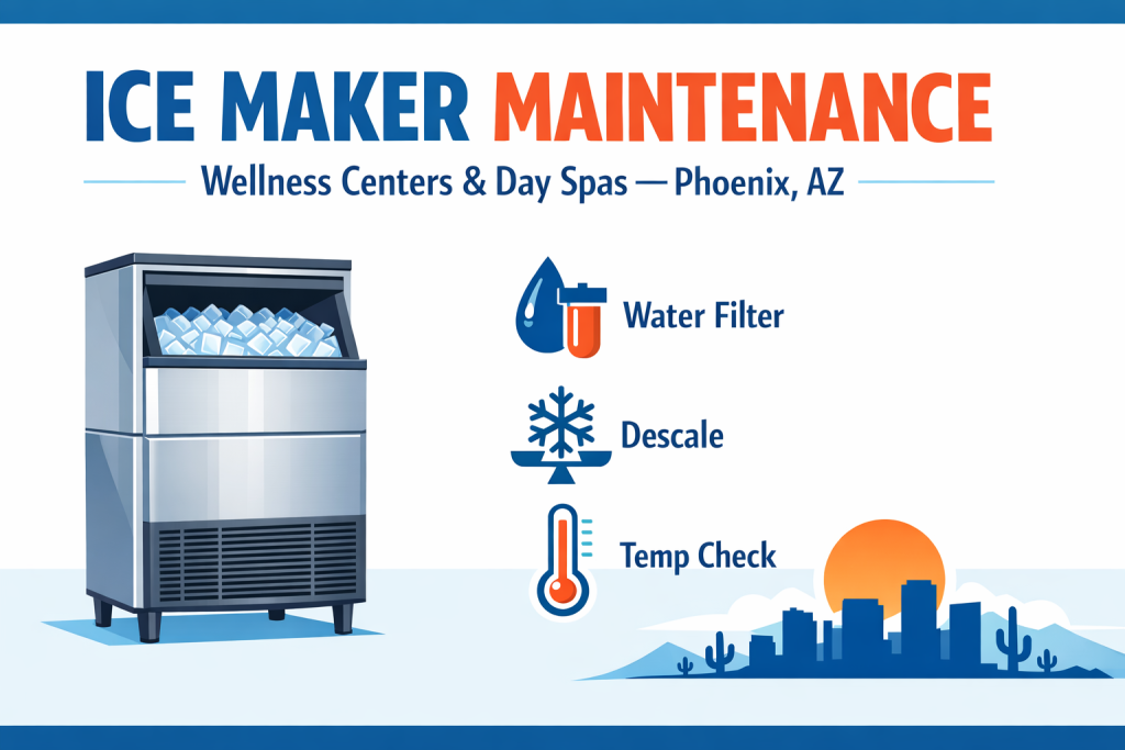 Ice maker maintenance infographic for wellness centers and day spas in Phoenix, Arizona