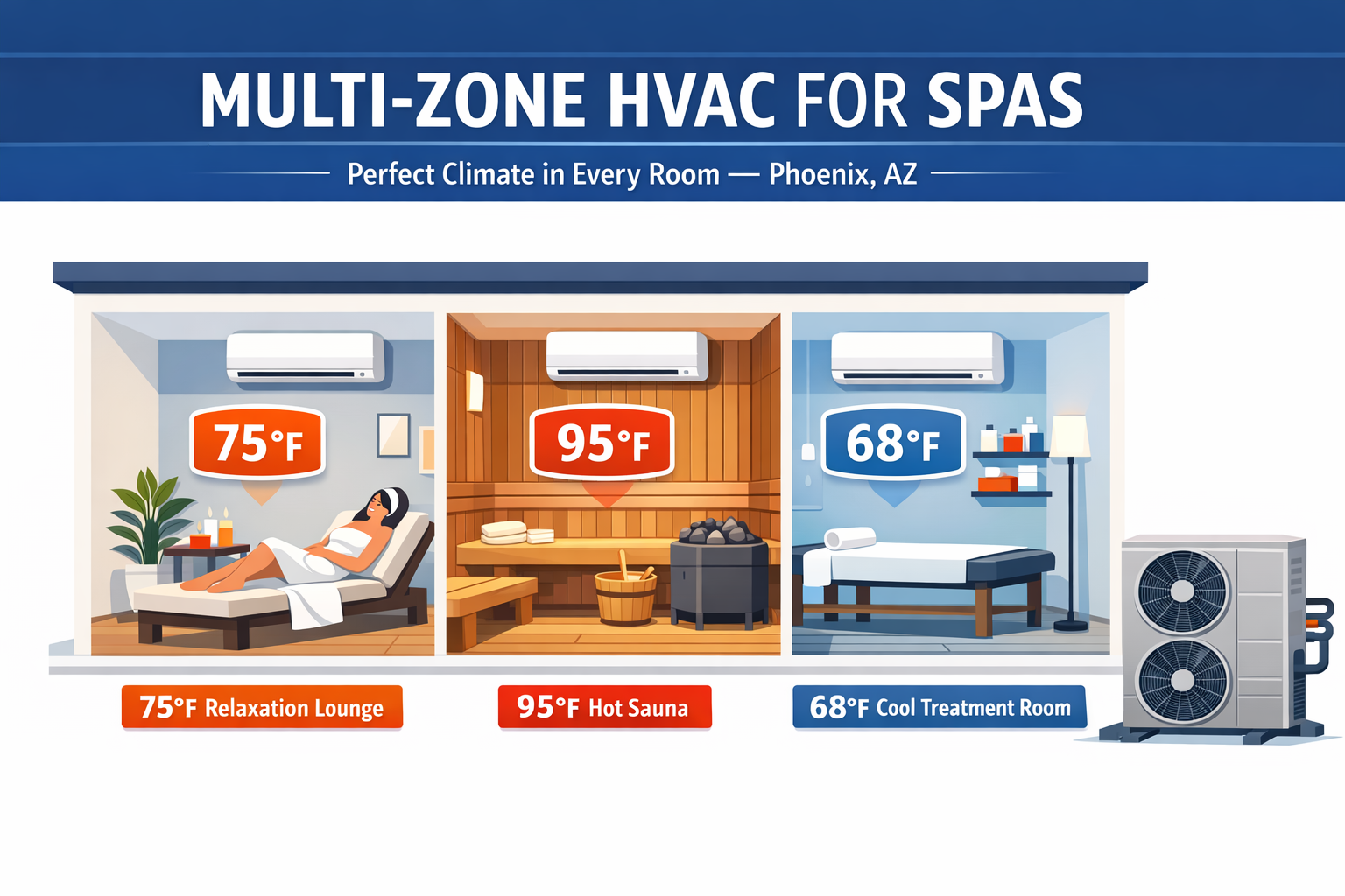 Multi-zone HVAC infographic banner showing spa climate zones in Phoenix