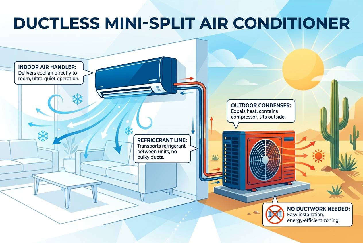 Infographic showing how a ductless air conditioner mini-split works with indoor air handler, refrigerant line, and outdoor condenser in Phoenix, AZ