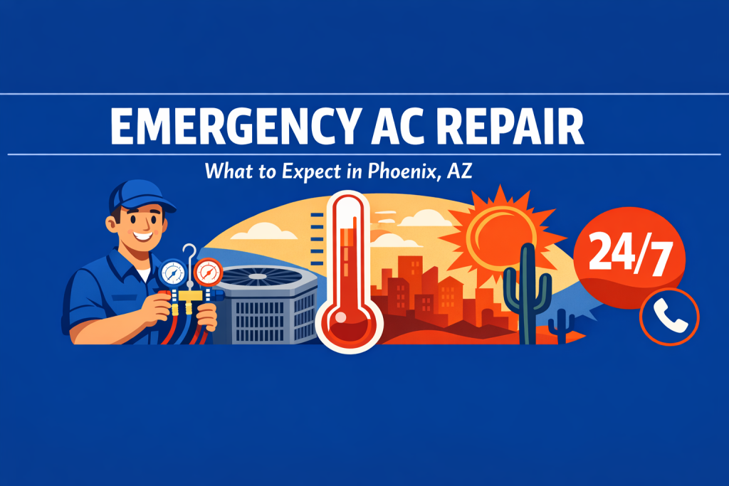 Emergency AC repair infographic banner for Phoenix, AZ with 24/7 badge and desert heat