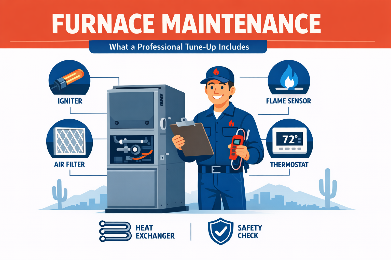 Furnace maintenance infographic showing igniter, flame sensor, air filter and thermostat checks by a Phoenix HVAC technician