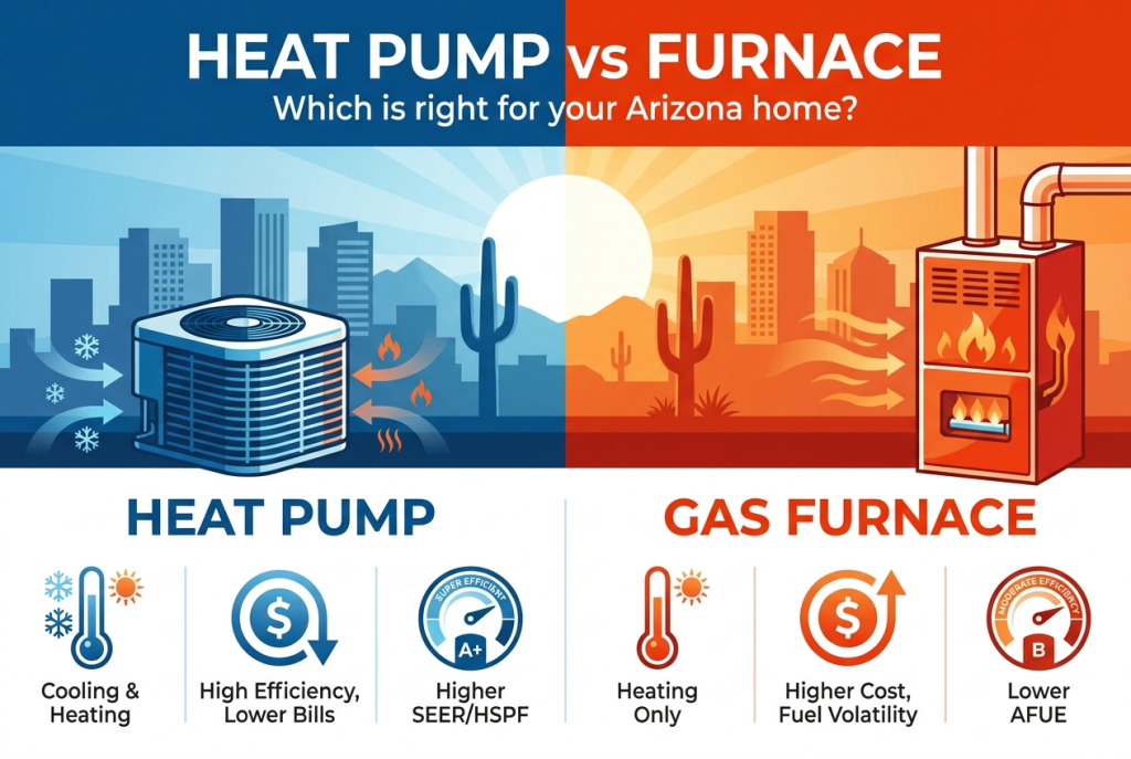 Infographic comparing a heat pump and a gas furnace for a Phoenix, Arizona home