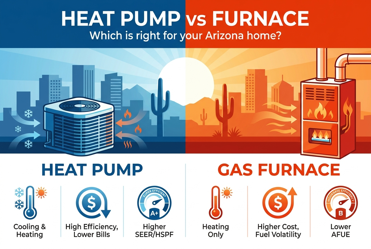 Infographic comparing a heat pump and a gas furnace for a Phoenix, Arizona home