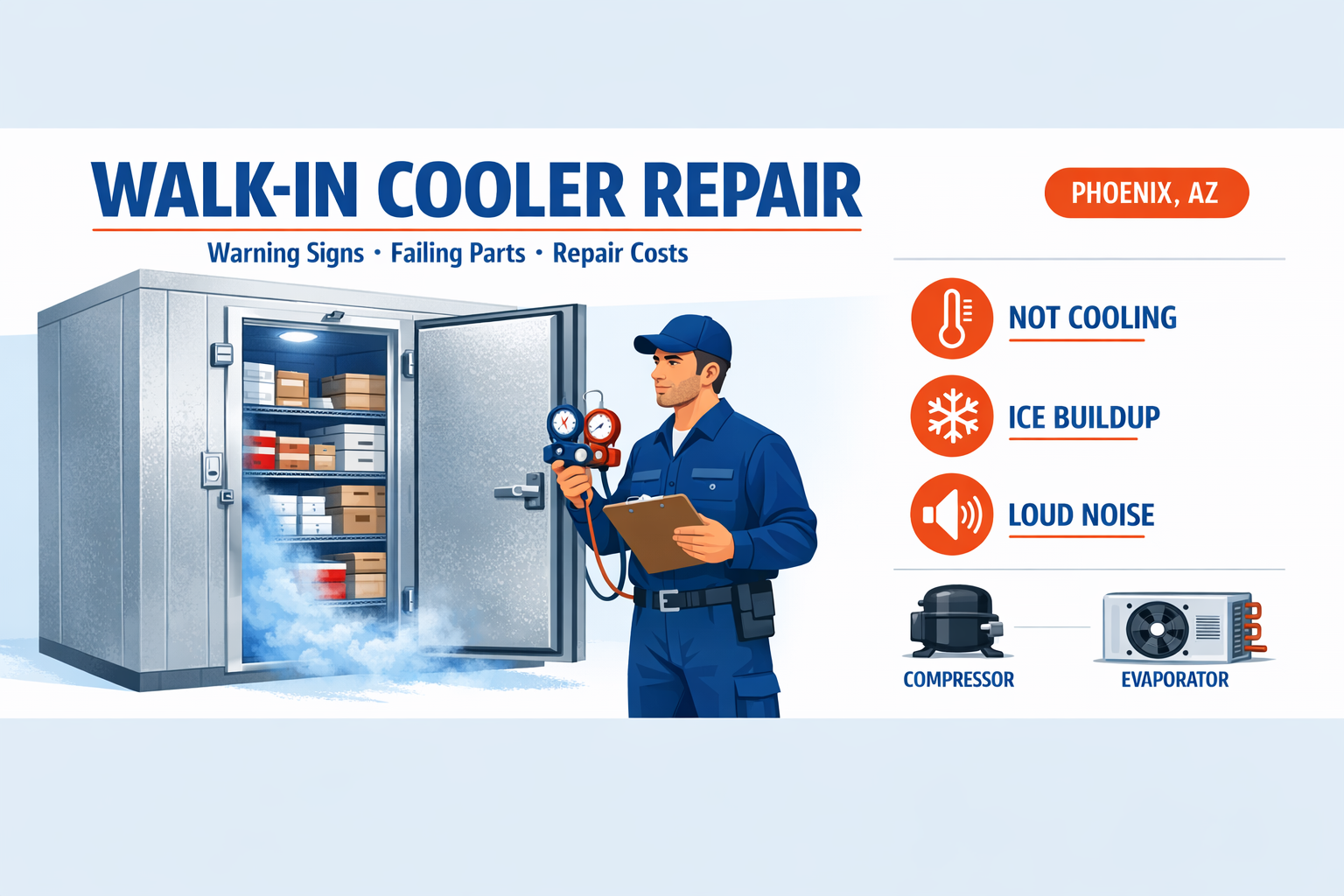 Walk-in cooler repair infographic showing warning signs, failing parts, and repair costs in Phoenix, AZ