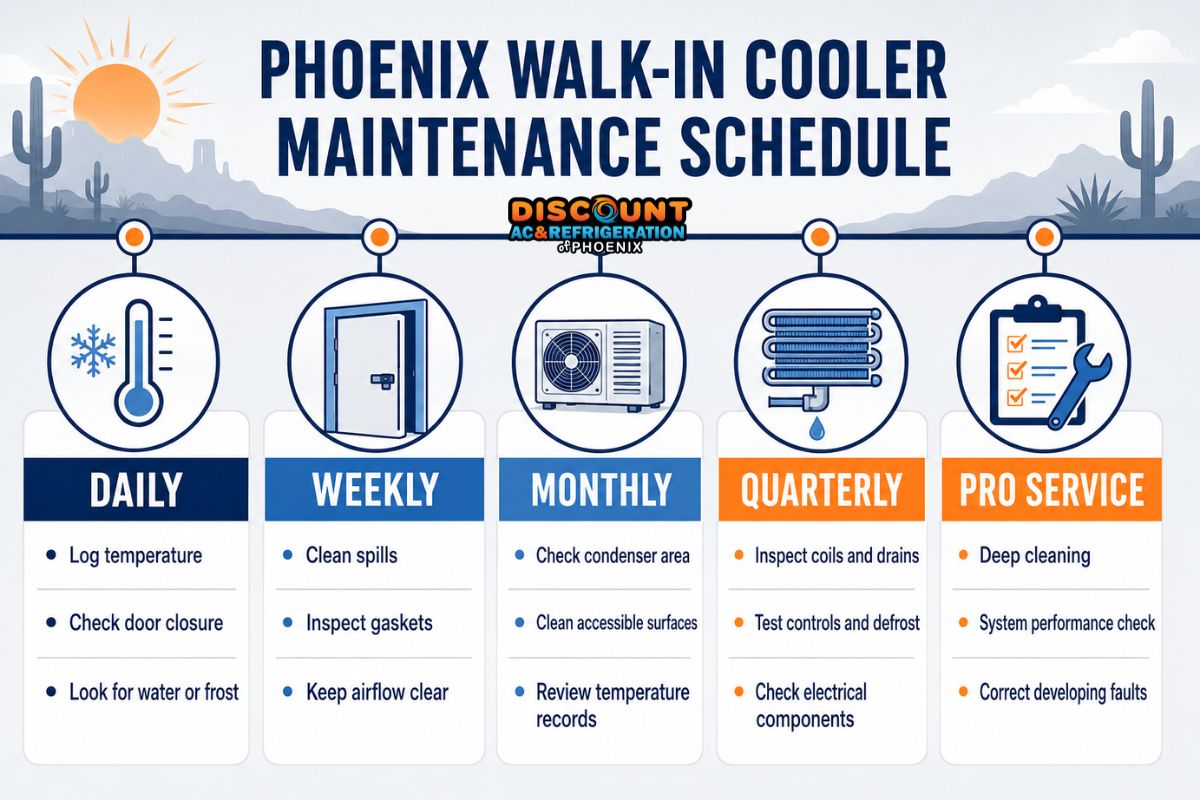 Daily, weekly, monthly, quarterly, and professional walk-in cooler maintenance schedule for Phoenix.