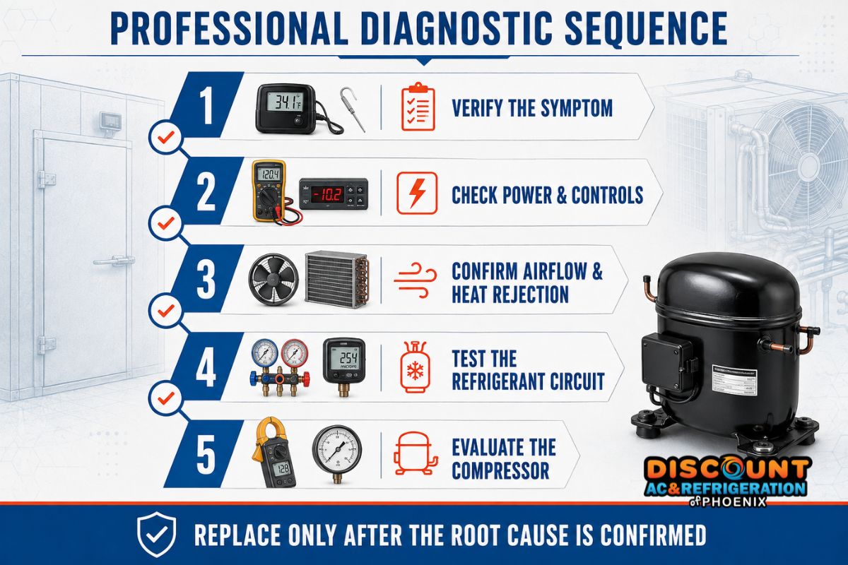 Professional diagnostic sequence for walk in cooler compressor repair