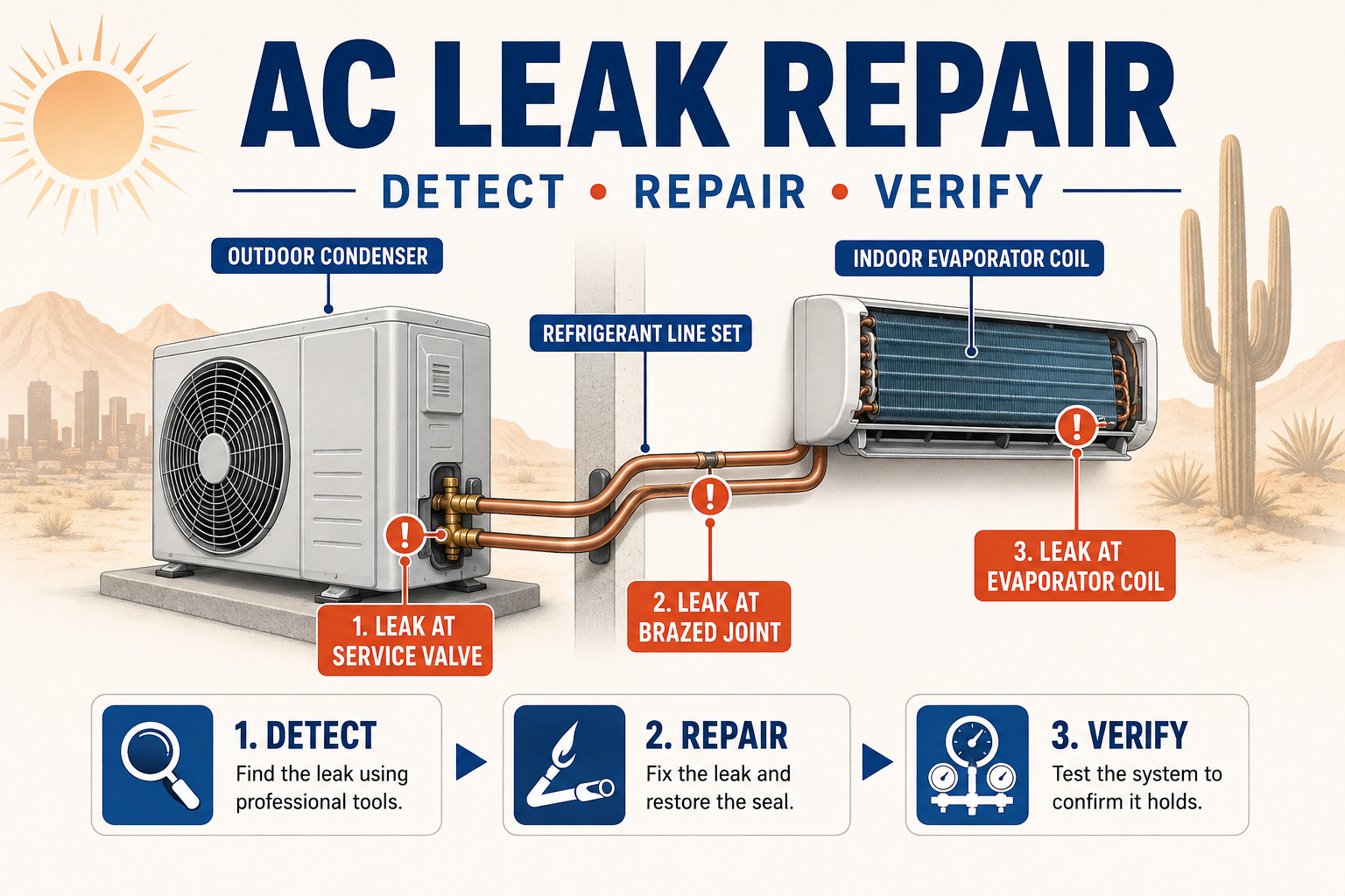 AC leak repair infographic showing common refrigerant leak points and the detect, repair, and verify process