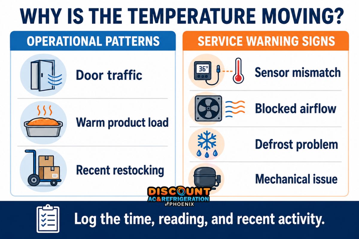 Operational patterns and service warning signs behind walk-in cooler temperature fluctuations
