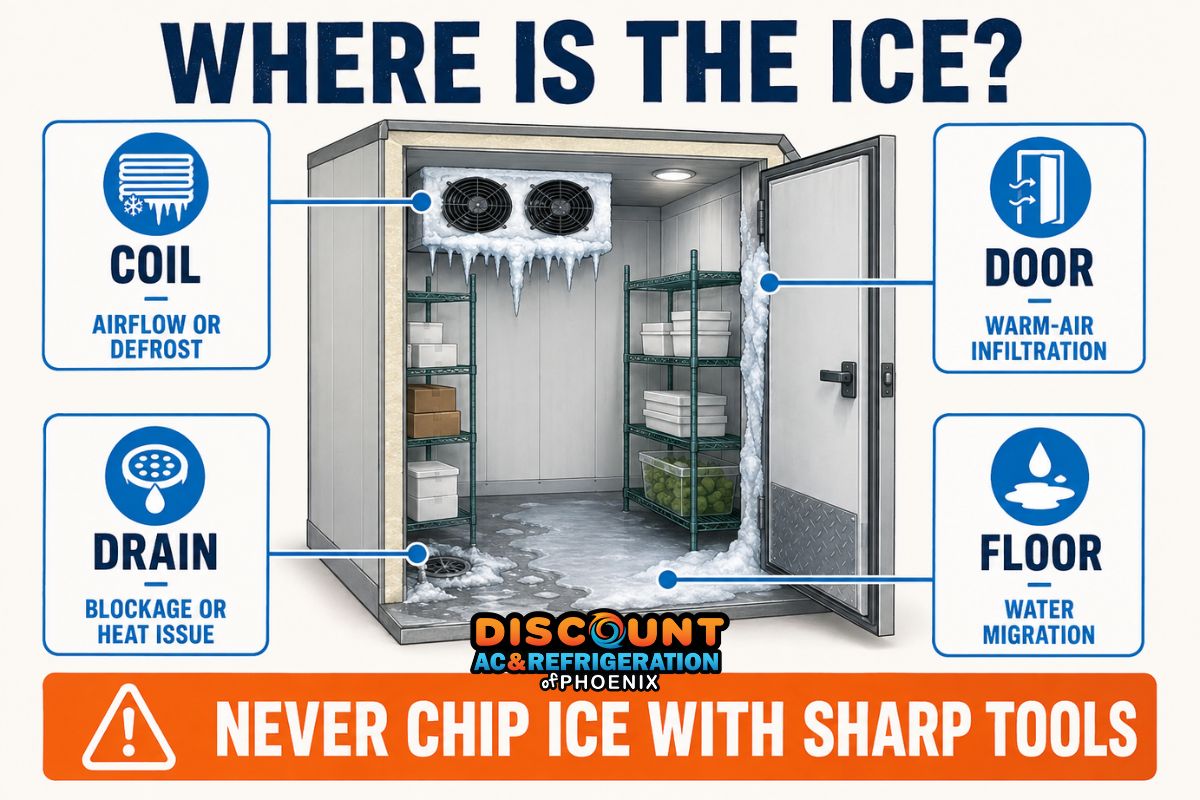 Guide showing what different ice locations in a walk-in cooler may mean