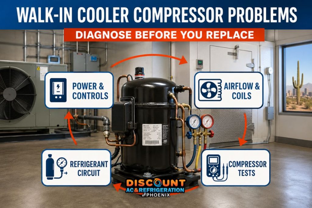 Walk in cooler compressor repair diagnostic process in Phoenix