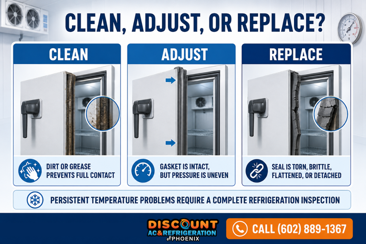 Infographic comparing walk-in cooler gasket cleaning, adjustment, and replacement