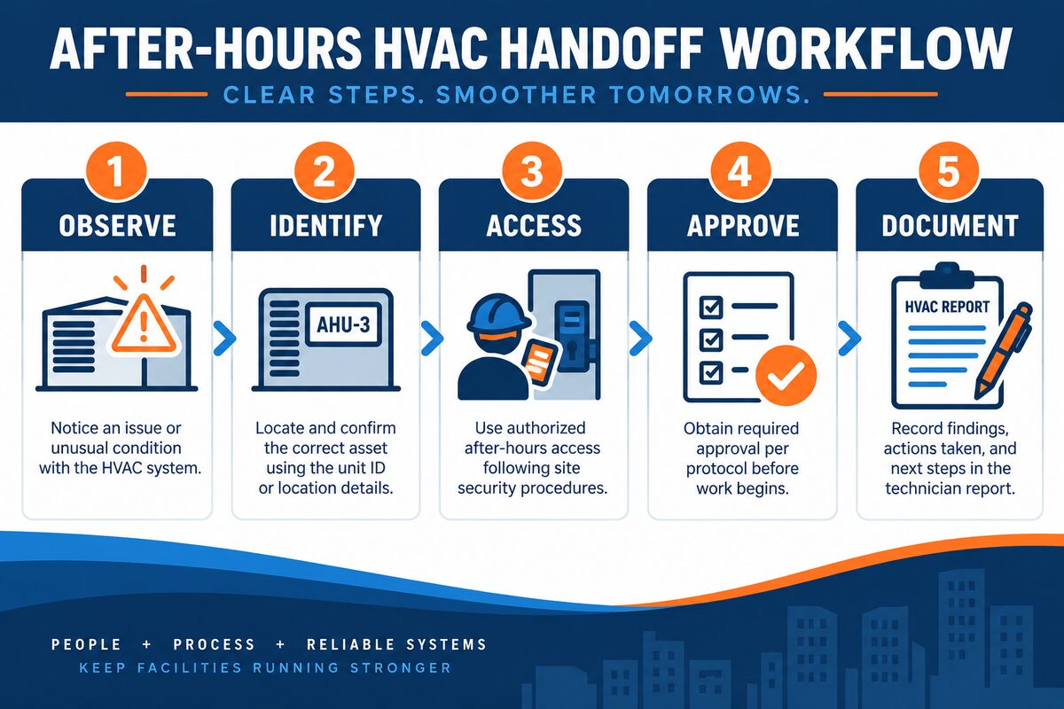After-hours HVAC service request handoff workflow from observation to technician access After-hours HVAC service request handoff workflow from observation to technician access