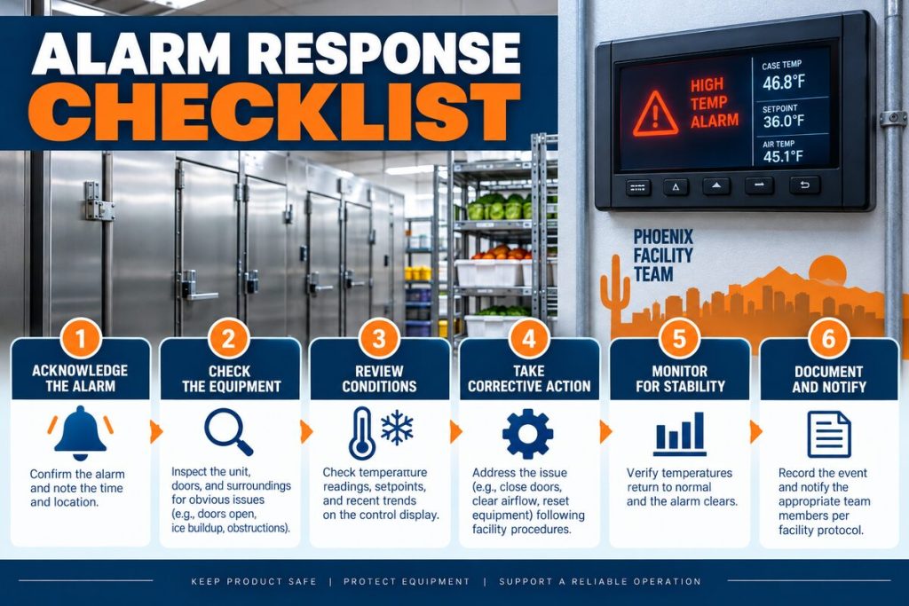 Commercial refrigeration alarm response checklist for facility teams