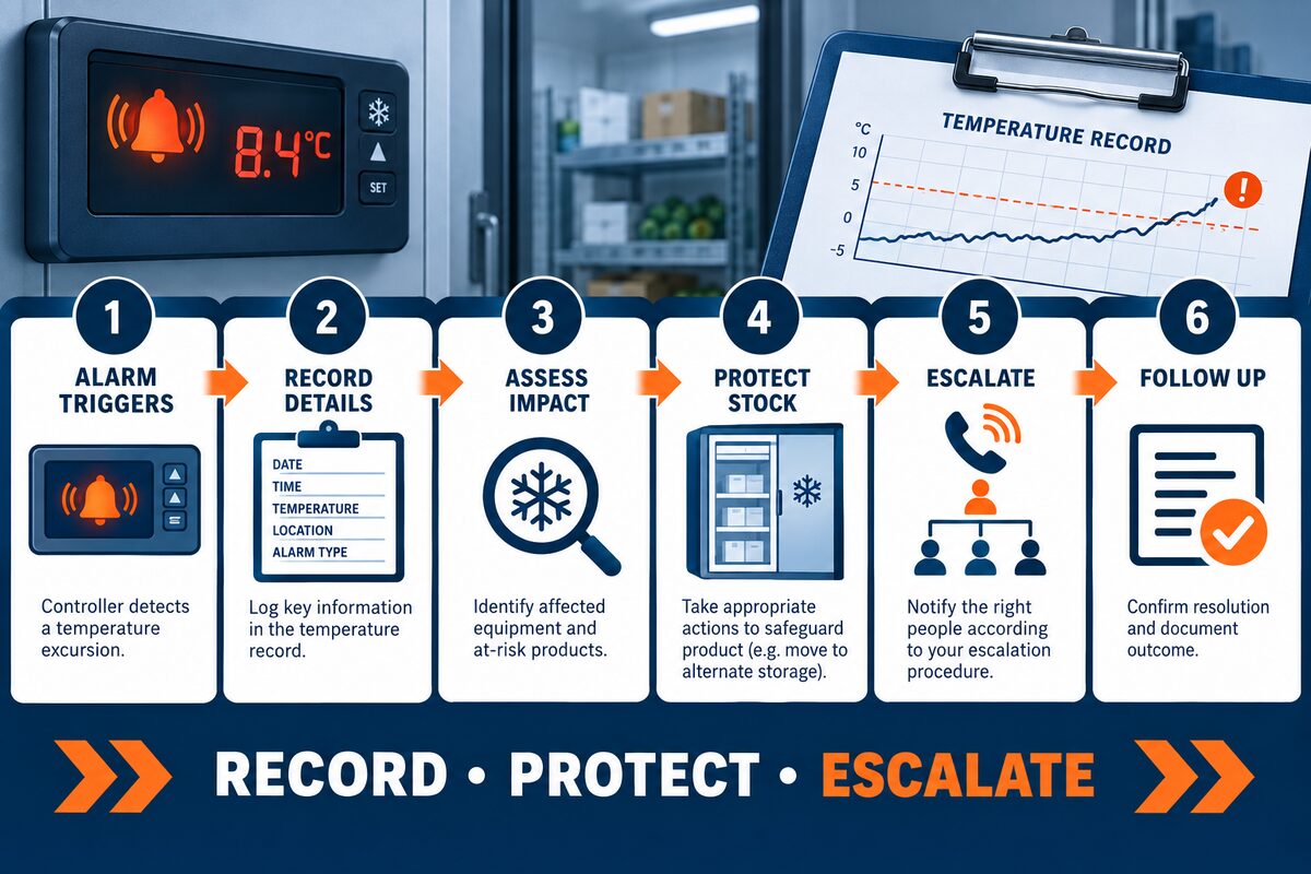 Six-step commercial refrigeration alarm response workflow