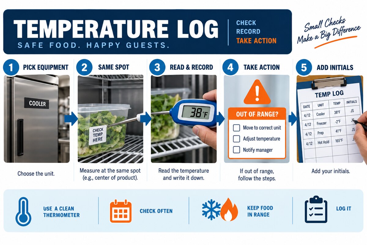 Five-step commercial refrigeration temperature logging workflow for staff