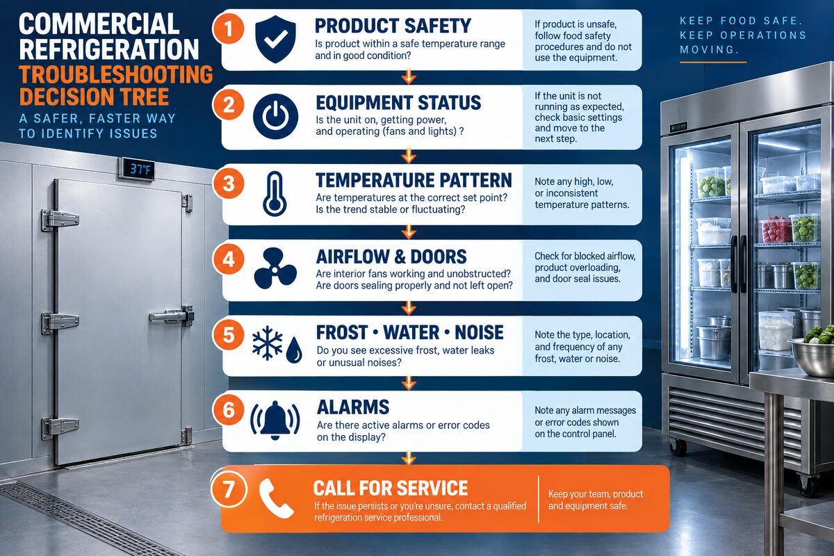 Observe record and escalate decision tree for commercial refrigeration problems