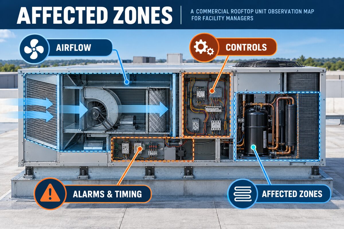 Rooftop HVAC observation map showing zones controls airflow and alarm history
