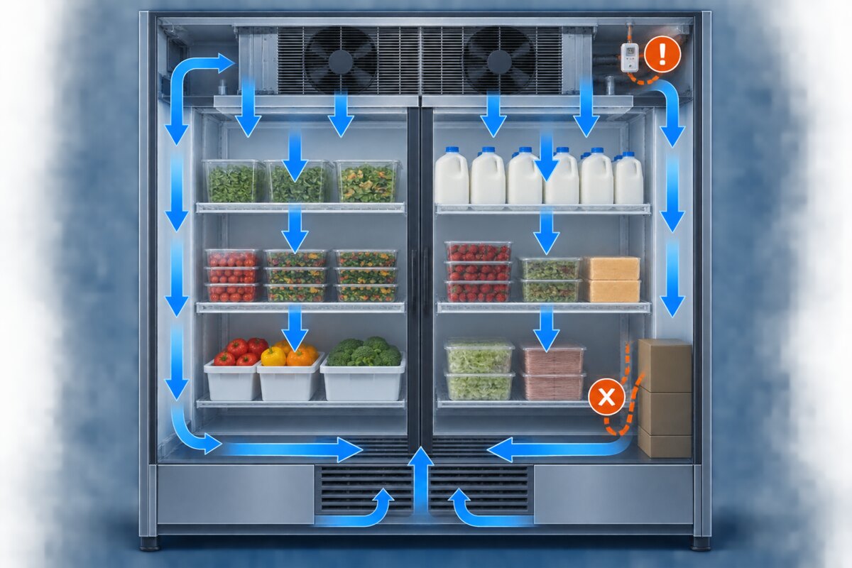 Airflow path and blocked return air inside a commercial reach-in cooler