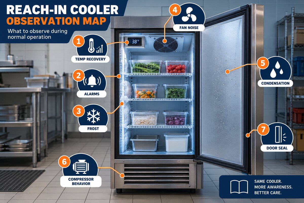 Reach-in cooler observation map with seven service warning signs