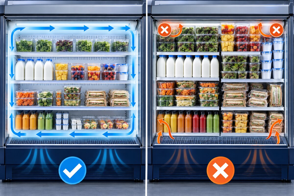 Correct versus blocked refrigerated display case product placement and airflow