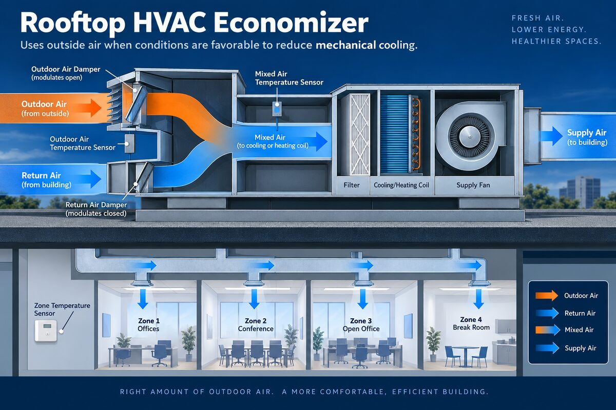 Economizer observation map showing outside air damper sensors and indoor zones Economizer observation map showing outside air damper sensors and indoor zones